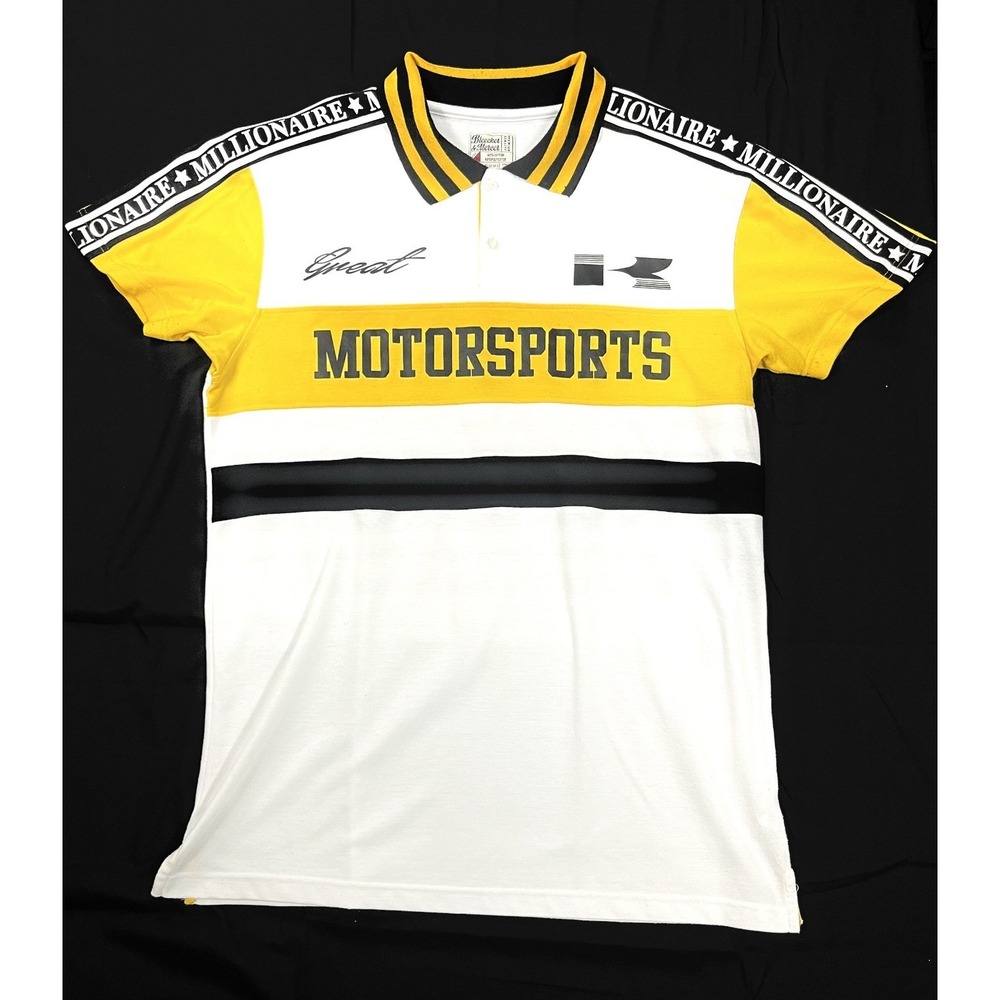 BLEECKER & MERCER Motorsports Millionaire Men 2XL Polo Shirt White Yellow Stain